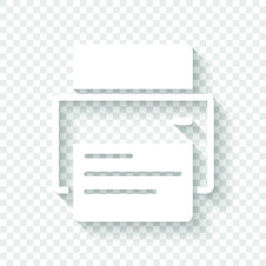 printer and paper. White icon with shadow on transparent background