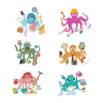 Octopus in business vector illustration octopi character of businessman constructor or housewife doing multiple tasks set of multitasking octopuses isolated on white background