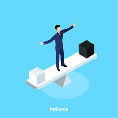 a man in a business suit stands in the middle of the balance at the point of equilibrium, an isometric image