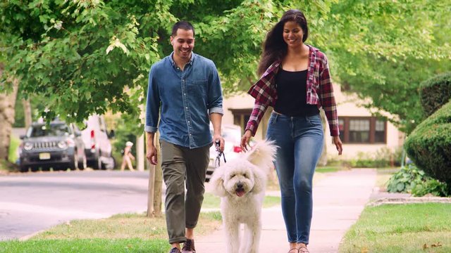 Couple Walking Dog Along Suburban Street