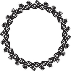 Black and white round frame with floral silhouettes. 