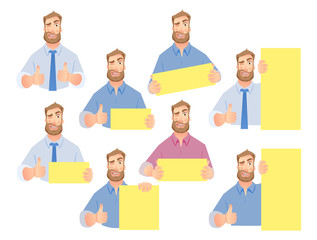 Businessman holding blank sign - set