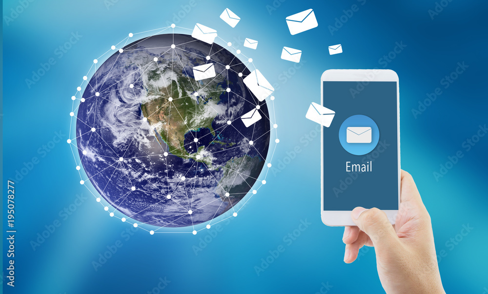 Poster hand holding man check and sending message with email in a phone on world background, communication 
