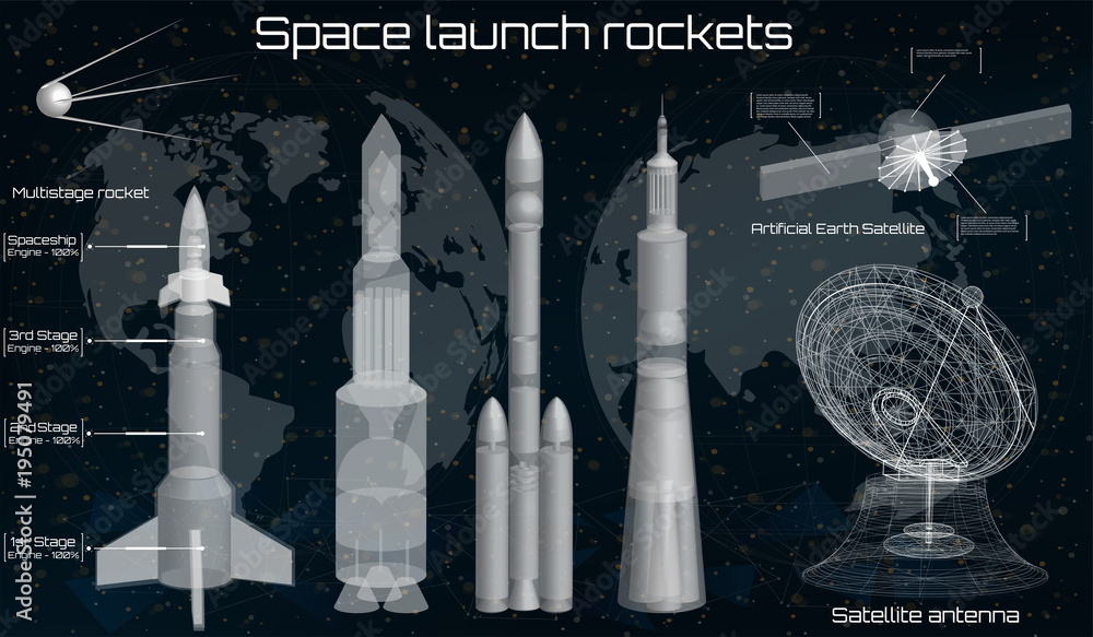 Poster Space launch rockets, spacecraft set, space dish, space satellite, 3d spaceship in the HUD style, Elements pack of the Sky-fi HUD. panels Futuristic User Interface. Spaceship 3d Ui technology elements