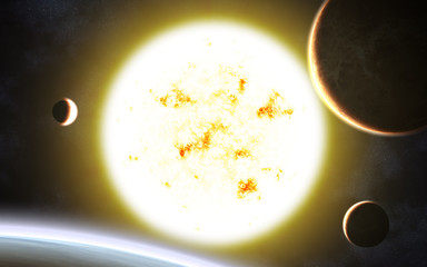 Solar system. Sun. Red giant star and planets. Image in 5K resolution for desktop wallpaper. Elements of the image are furnished by NASA