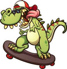 Fototapeta premium Rad cartoon skateboarding t-rex. Vector clip art illustration with simple gradients. All in a single layer.