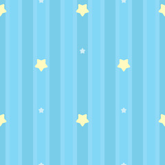 Symmetrical and seamless striped blue pattern with yellow and white stars. Gift wrap background, children's bedroom, baby nursery wallpaper, scrapbook wrapping paper. Vector Illustration.