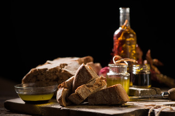 Fototapeta na wymiar Bread with olive oil and balsamic vinegar dip