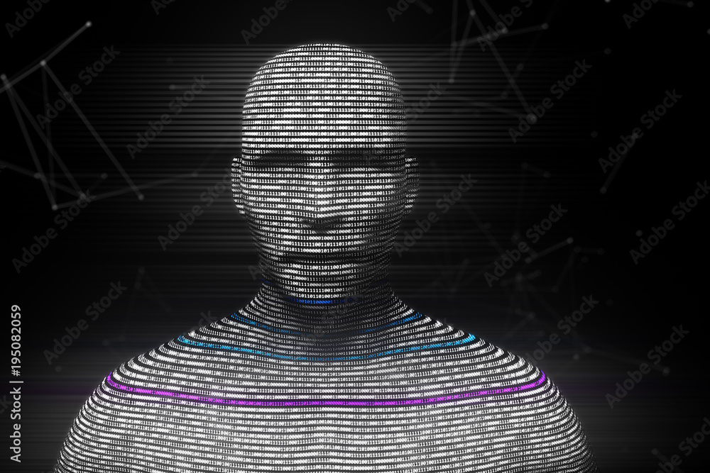 Poster a digital virtual man generated from binary code 3d illustration