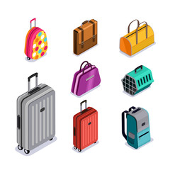Vector baggage isolated 3d isometric style icons. Multicolor luggage, suitcase, bags, backpack, carrying animals. Checked baggage, carry-on and hand luggage for traveling by aircraft.