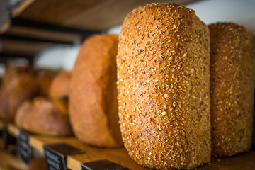 Organic multi grain bread fresh bake on shelf