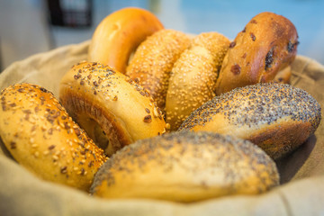 Organic bagel bread in basket fresh baked