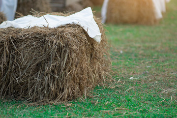 The chair is made of dry straw and has a white fabric cover.
