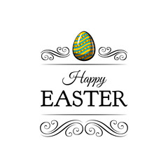 Colorful Happy Easter greeting card with Easter egg. Swirls, ornate frames. Vector.