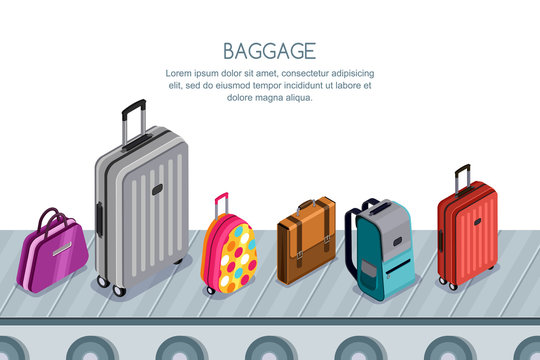 Multicolor luggage, suitcase, bags on conveyor belt in airport terminal. Vector 3d isometric illustration. Concept for checked baggage claim, travel by aircraft and tourism.