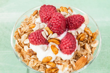 healthy cereal breakfast with greek yogurt and raspberries