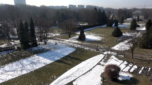 Beautiful park from a bird's eye view, early spring, late winter, aerial drone view