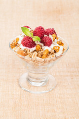 healthy cereal breakfast with greek yogurt and raspberries