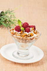 healthy cereal breakfast with greek yogurt and raspberries