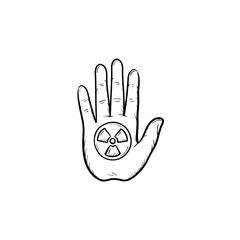 Stop hand sign with ionizing radiation symbol hand drawn doodle icon. Palm hand with stop gesture vector sketch illustration for print, web, mobile and infographics isolated on white background.