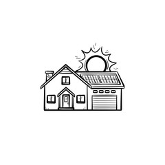 Power efficient house hand drawn outline doodle icon. Residential house using solar energy vector sketch illustration for print, web, mobile and infographics isolated on white background.