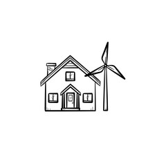 House with wind generator hand drawn doodle icon. Renewable energy concept. Building with wind turbine vector sketch illustration for print, web, mobile and infographics isolated on white background.