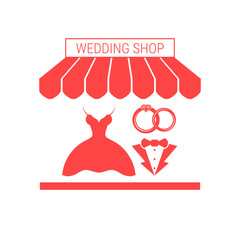 Wedding Shop Single Flat Vector Icon. Striped Awning and Signboard