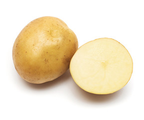 Young potatoes whole and slice isolated on white background. Harvest new. Flat lay, top view