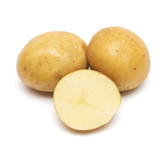 Young potatoes whole and slice isolated on white background. Harvest new. Flat lay, top view