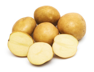 Young potatoes whole and slice isolated on white background. Harvest new. Flat lay, top view