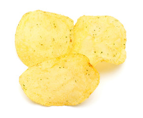 Potato chips isolated on white background. Flat lay, top view