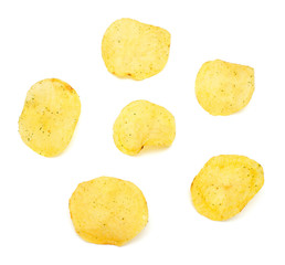 Potato chips isolated on white background. Flat lay, top view. Chips round shape flower