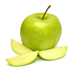 Apple green whole and slices isolated on white background. Flat lay, top view