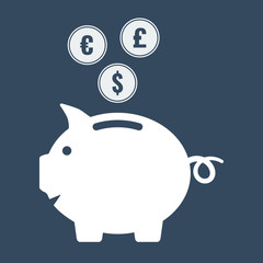 piggy bank different currencies coins, flat style vector illustration