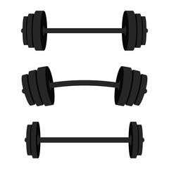 Set of barbells. Black barbells for gym, fitness and athletic centre. Weightlifting and bodybuilding equipment