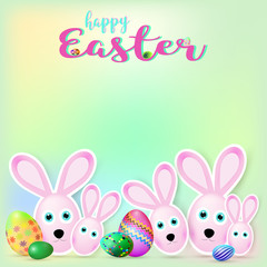 Happy Easter background with colorful decorated eggs and bunnies, vector illustration eps10