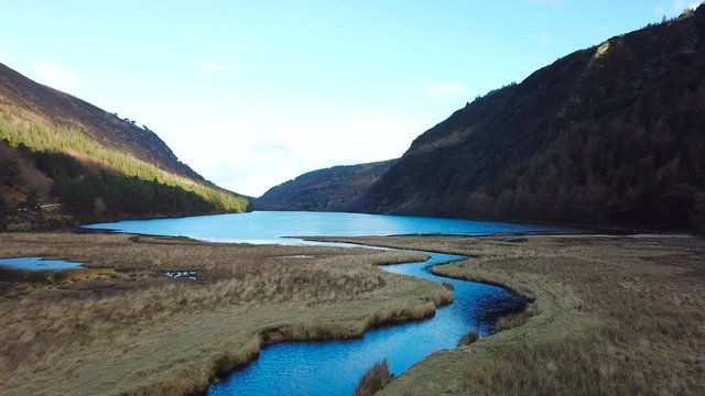 aerial view of beautiful Glendalough lake in Wicklow mountains, Ireland.
