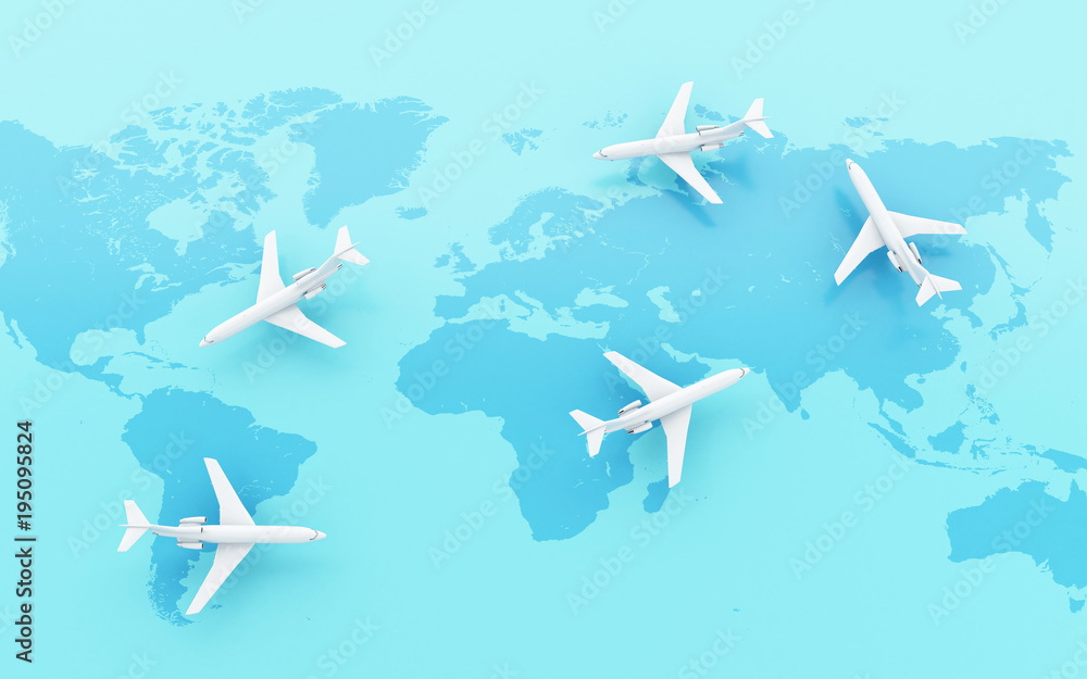 Aufkleber 3d airplanes flying around globe with map pointer.