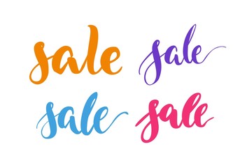 Set lettering, sale, multicolor, isolated. Collection of inscriptions about annual sellout for fair, markets, shops. Vector illustration