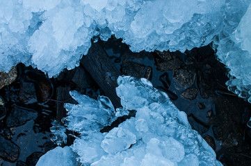 Beautiful Frozen Waterfall Sculpture, Mountain River Oker in National Park  Harz, Northern Germany