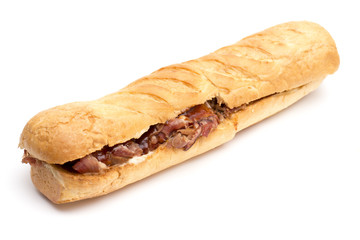 Long BBQ Brisket Sandwich on a White Background