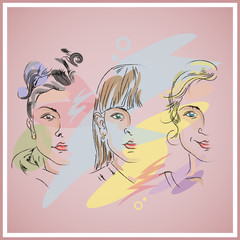 Three girls in the creative processing. Design of vector illustrations.