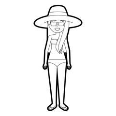 woman mother wear swimsuit hat sunglasses and flip flops