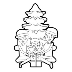 happy familiy the parents and child with christmas tree and gift