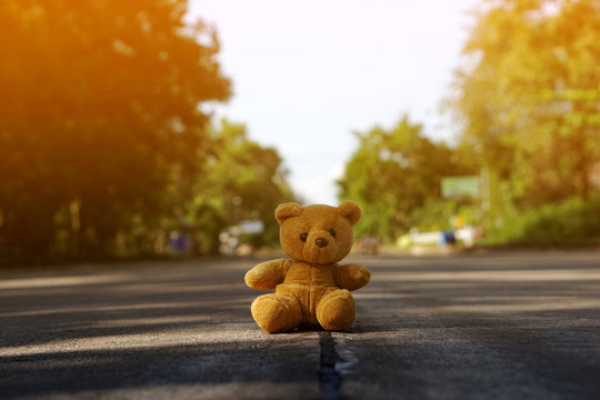 Teddy bear sits alone on the middle of road in the sunshine