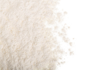 Pile of flour isolated on white background with copy space for your text. Top view. Flat lay