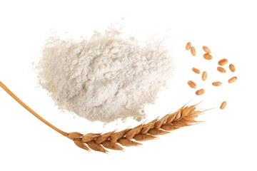 ears of wheat and pile of flour isolated on white background. Top view. Flat lay
