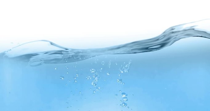 blue wave water with bubbles in tank on white background, slow motion movement