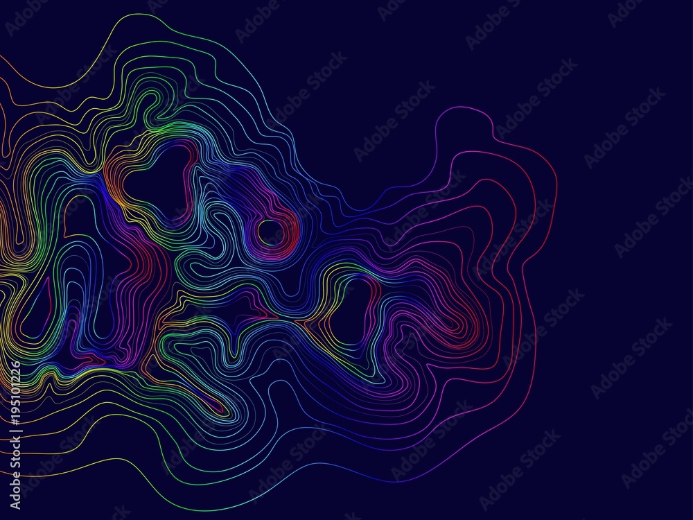 Poster abstract colorful rainbow topographic contours lines of mountains background. topography map art cur