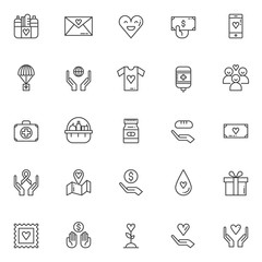 Charity elements outline icons set. linear style symbols collection, line signs pack. vector graphics. Set includes icons as Donation food, Happy heart, hand with money, Blood transfusion